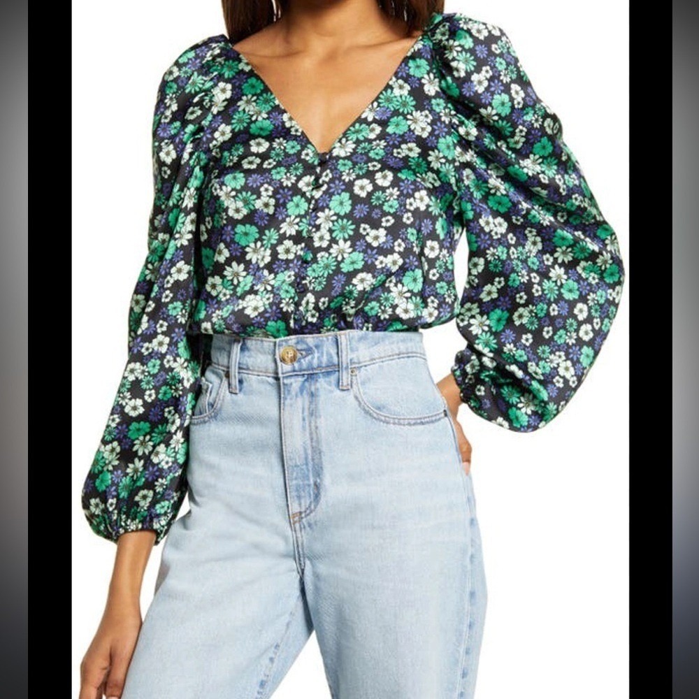 Topshop Green Blue Floral Puff‎ Balloon Sleeve V-Neck Tie Back Blouse US 12